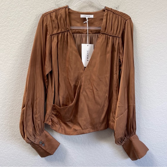 FRAME Crossover Top Blouse Bronze Size Large - Picture 2 of 7